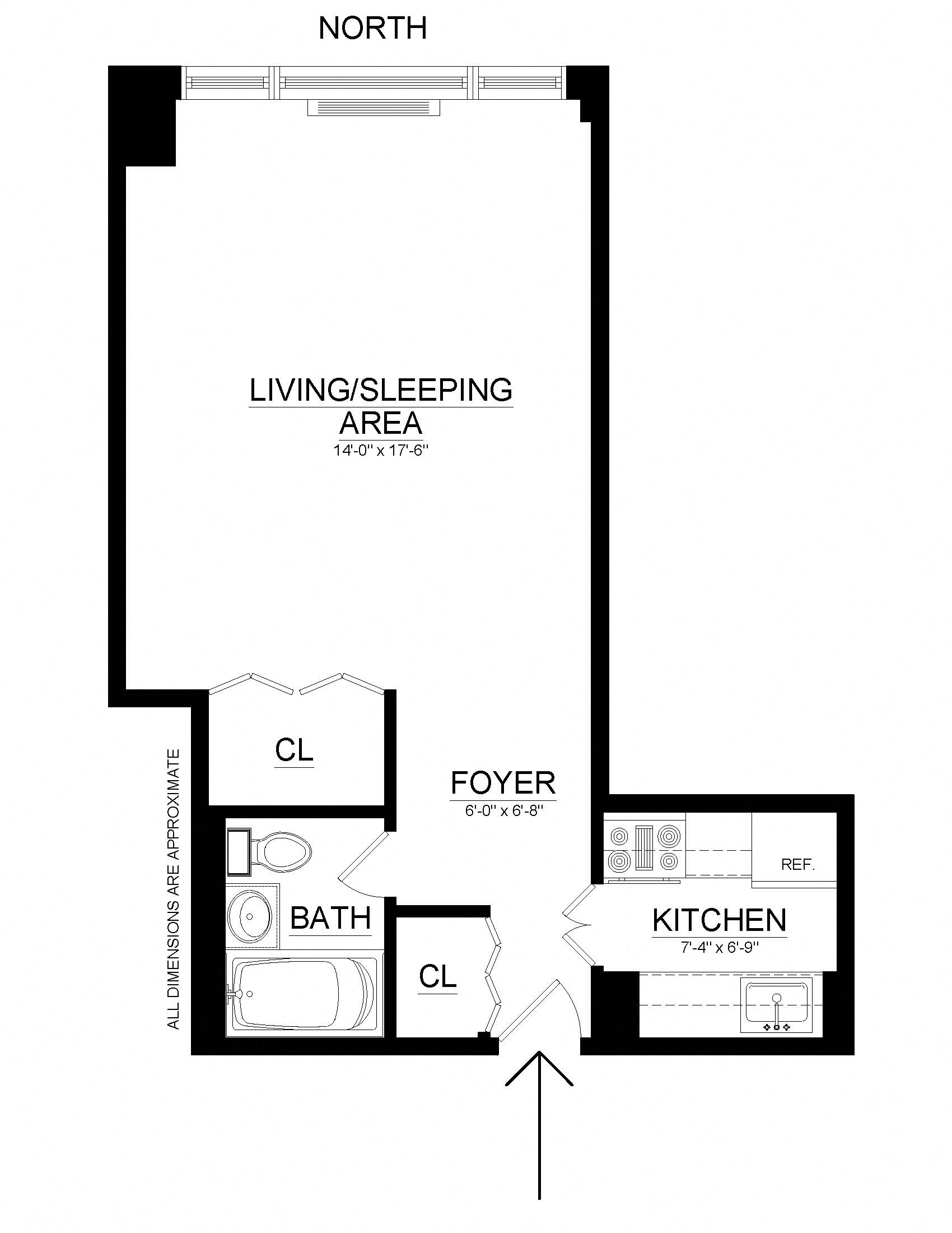 Floor plan for studio, 1 bath, 470 sqft